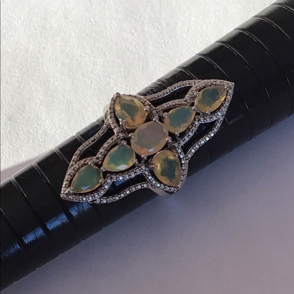 Large Sterling Ethiopian Opal Gothic Cross Ring - Picture 3 of 11